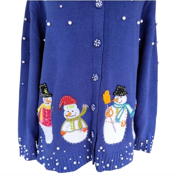 Storybook Knits Snowman Embroidered Pearl Scattered Snow Cotton Blend Size Small - Picture 7 of 8
